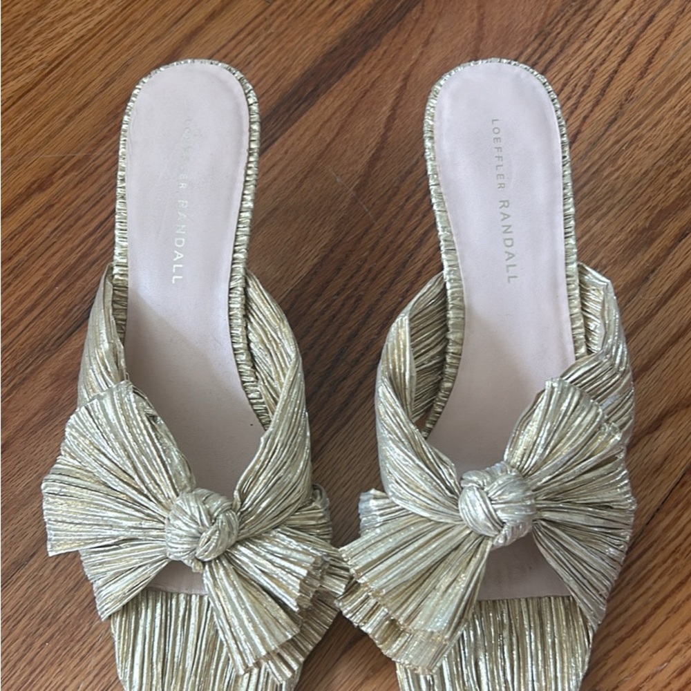 Loeffler Randall Gold Mules with Knotted Bow